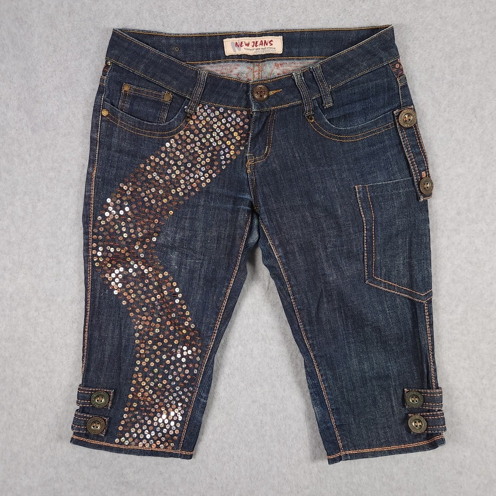 New Jeans Vintage Womens Size 30 Embellished Sequins Capri Denim Jeans Y2K